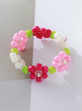 手工编织花朵串珠小清新戒指