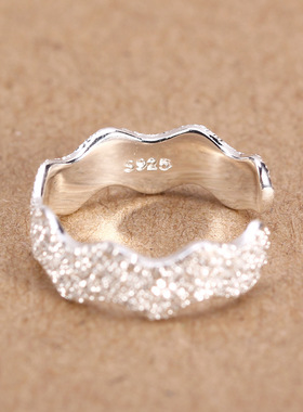 日韩风纯银开口波浪磨砂百搭尾戒