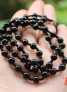 天然原色黑玛瑙玉髓挂绳圆珠链