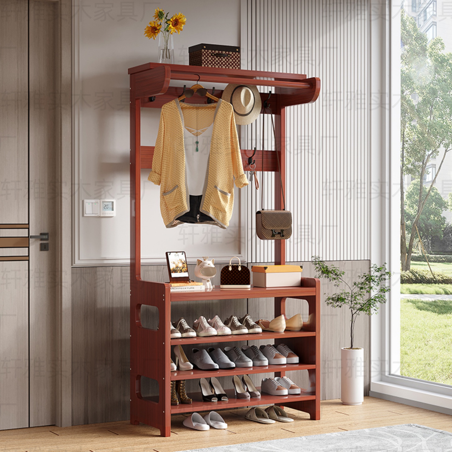 衣帽架落地实木挂衣架鞋架组合玄关多功能入户客厅置物架一体门口 - 图0