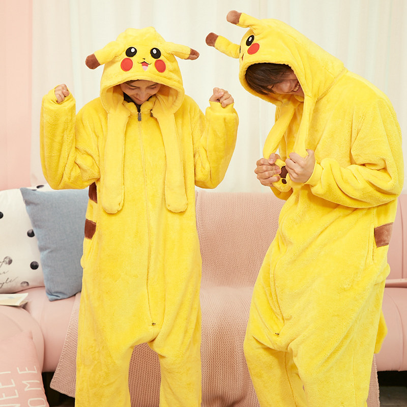 皮卡丘连体网红男女情侣卡通睡衣 浅尚玫瑰睡衣/家居服套装