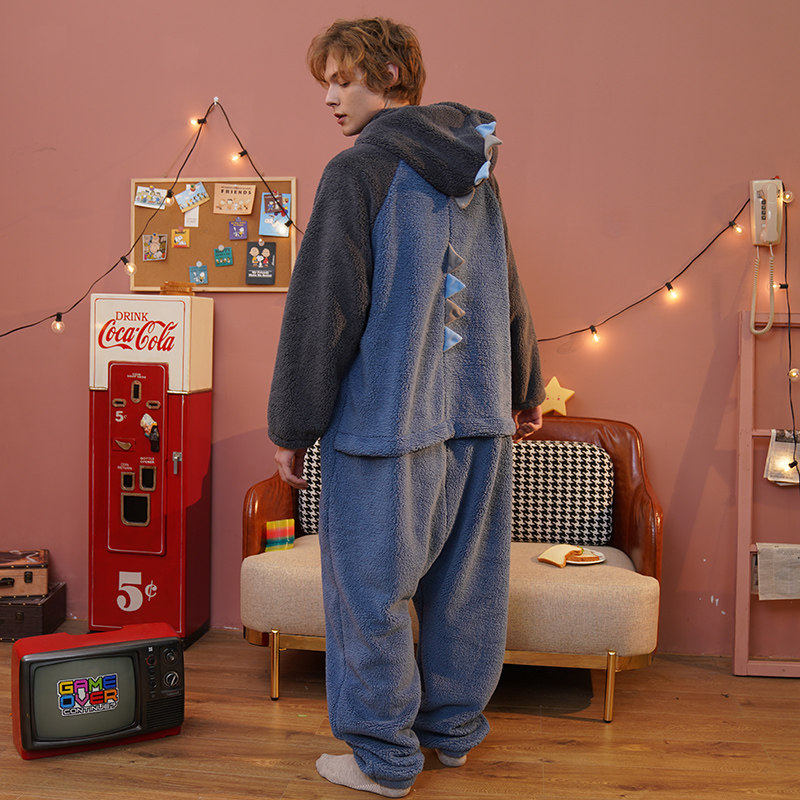 男秋冬加绒卡通宽松笑脸连体睡衣 浅尚玫瑰睡衣/家居服套装