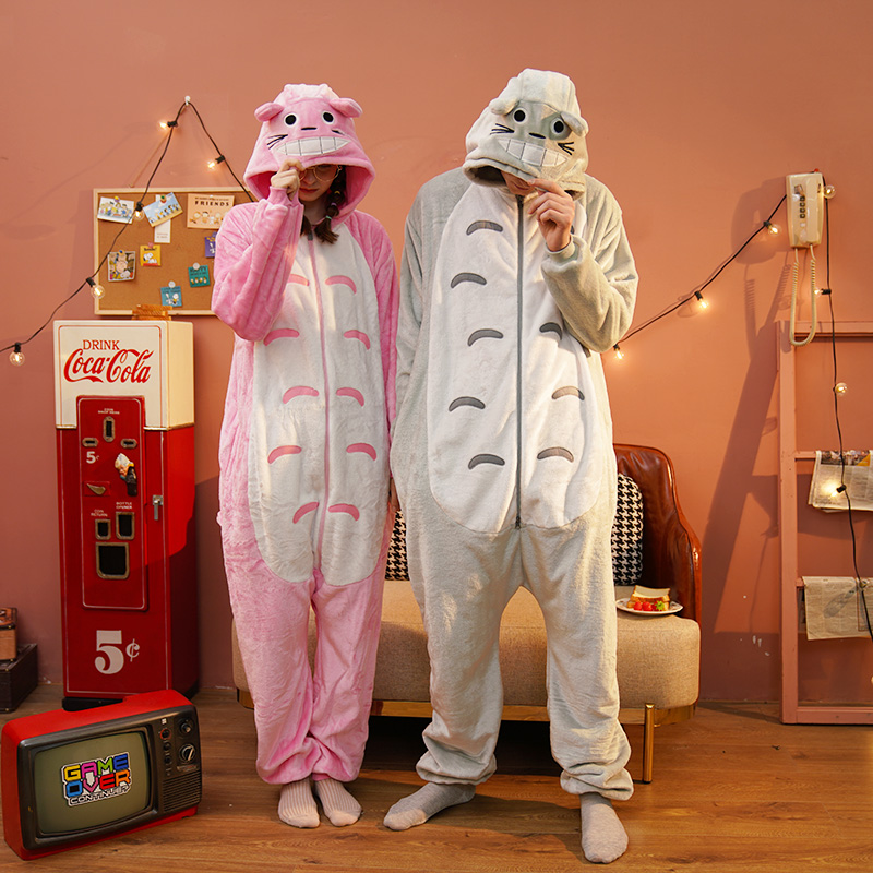 龙猫连体男女情侣加厚法兰绒冬睡衣 浅尚玫瑰睡衣/家居服套装