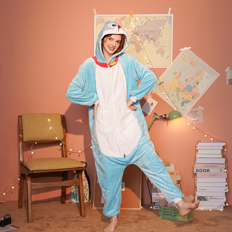 卡通动物连体哆啦a梦法兰绒睡衣 浅尚玫瑰睡衣/家居服套装