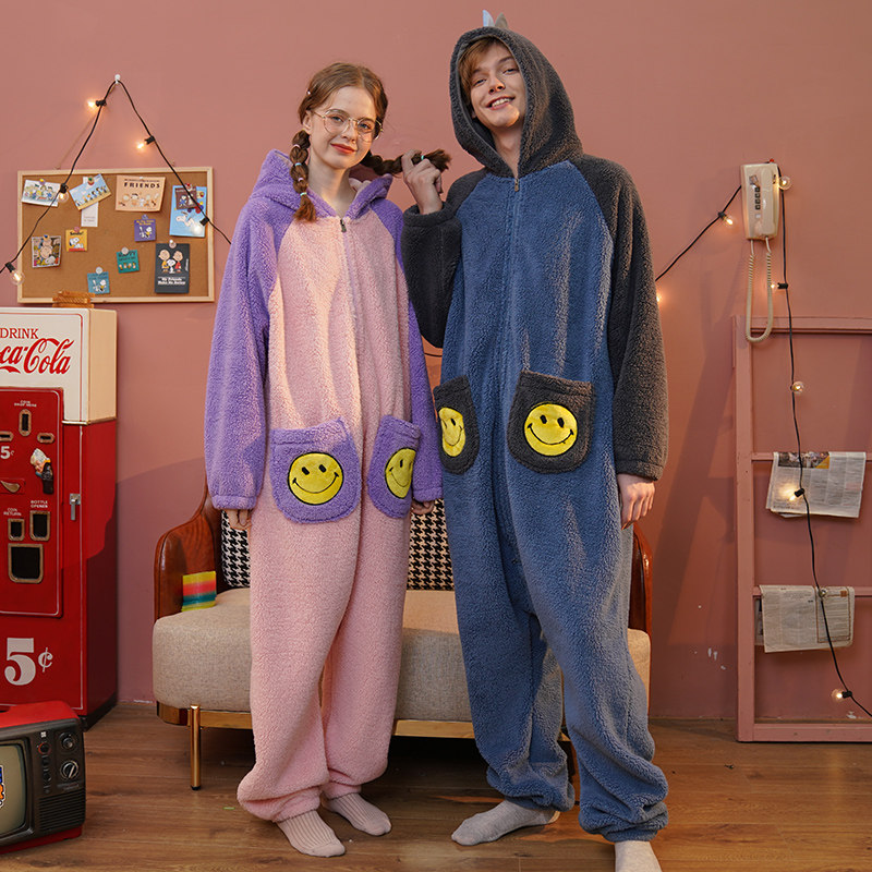 男秋冬加绒卡通宽松笑脸连体睡衣 浅尚玫瑰睡衣/家居服套装
