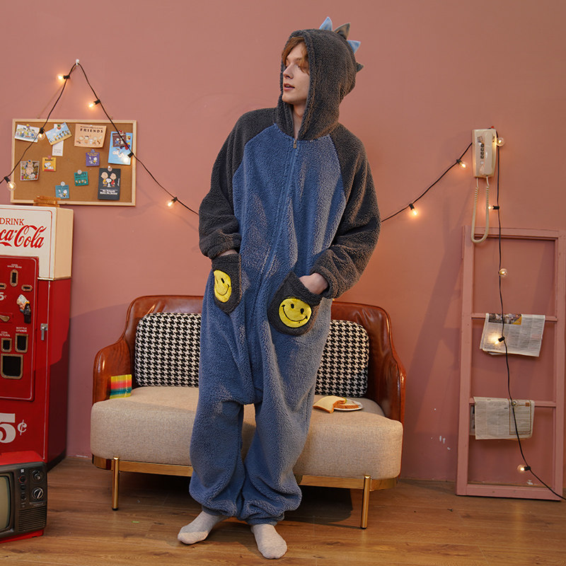 男秋冬加绒卡通宽松笑脸连体睡衣 浅尚玫瑰睡衣/家居服套装