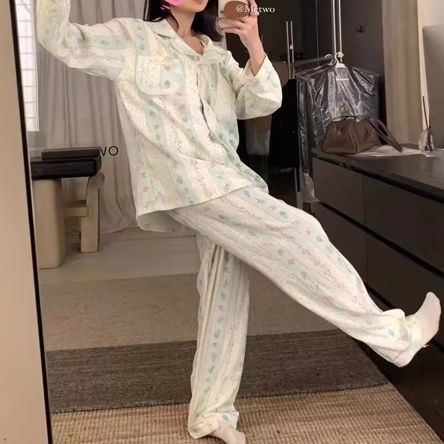 METOO早秋 软乎蛋糕带bra杯垫睡衣套装休闲舒适长袖长裤家居服女 - 图0