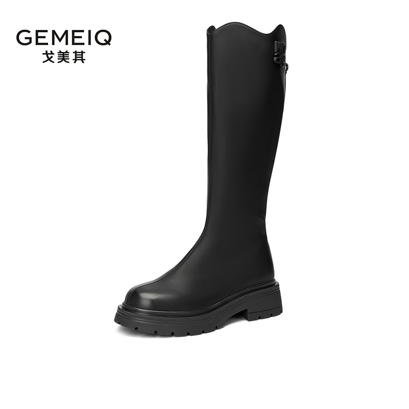 戈美其长筒靴女2025春季新款厚底小个子V字增高英伦风不过膝长靴 - 图0