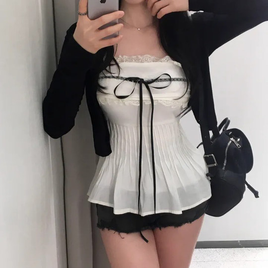 FabGirls 法式少女花边拼接蝴蝶结绑带抹胸背心 百搭甜美显瘦上衣