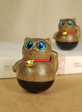 檀木招财猫不倒翁摆件可爱桌面
