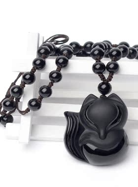 精雕磨砂天然挂坠项链黑曜石狐狸