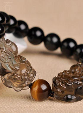 天然冰种黑曜石貔貅手