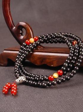 天然黑曜石红玛瑙佛珠手链