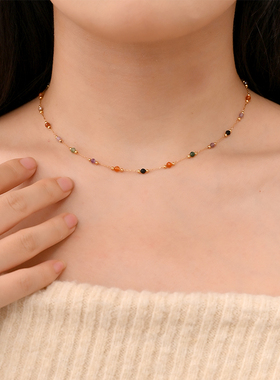 天然彩色石串珠项链女复古锁骨链