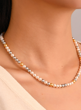 彩色串珠仿珍珠项链锁骨颈链轻奢温柔色