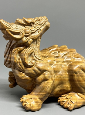 天然绿檀木精雕白泽摆件无漆无胶