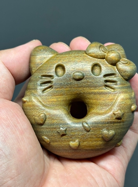绿檀木雕Kitty猫甜甜圈文玩把件