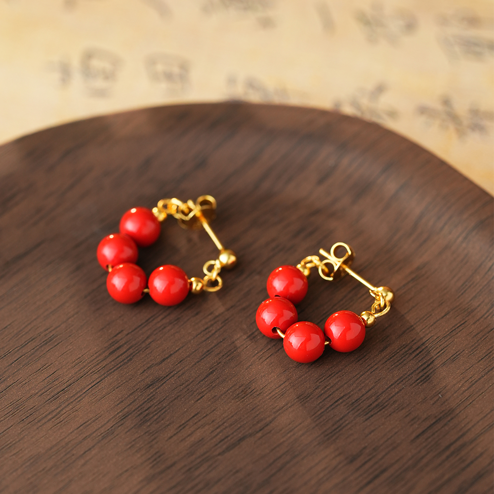 御臻珠宝｜朱砂｜S925银｜豌豆耳钉耳饰设计款连珠弧形小众爆款女 - 图1