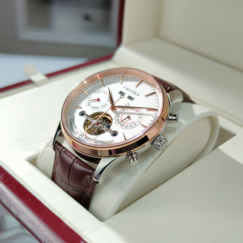 卡罗莱时尚镂空真皮带防水机械表 卡罗莱乔邦国产腕表