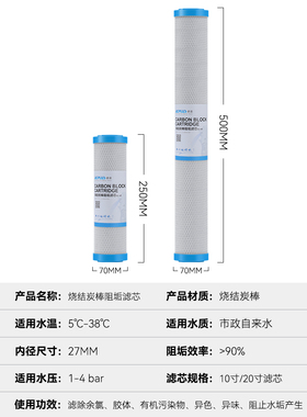 阻垢滤芯净水器前置过滤器去水垢炭棒活性炭10寸20寸通用滤芯