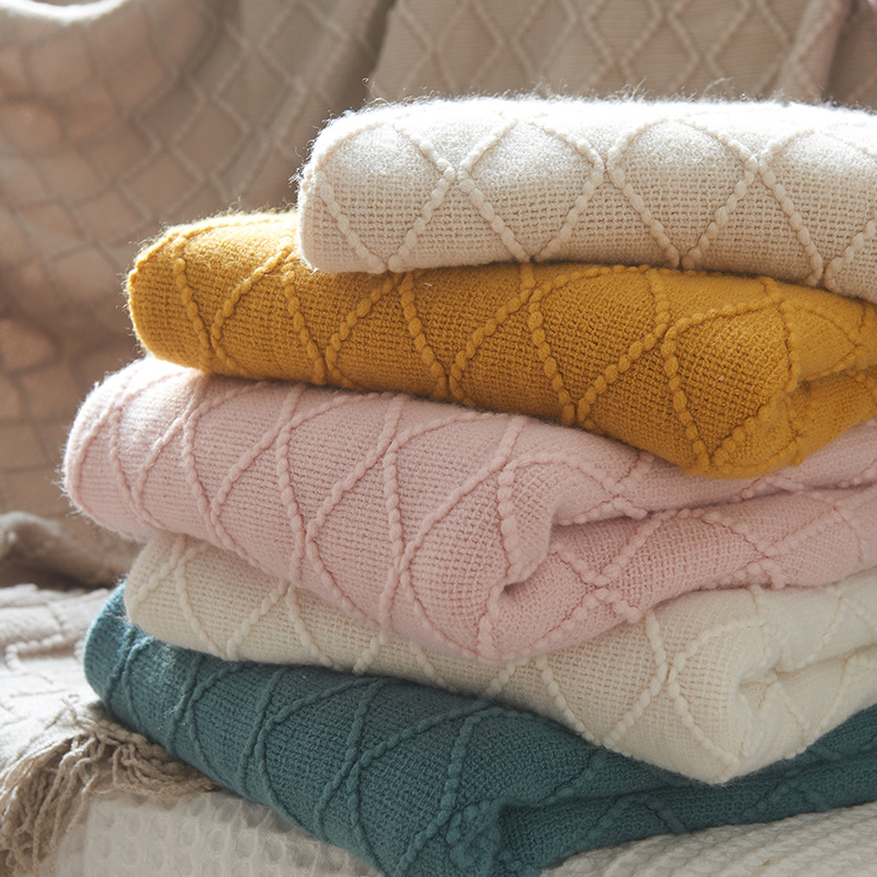 北欧复古菱格毛线毯子纯色针织毯床尾毯床搭沙发毯搭巾床尾巾 - 图0