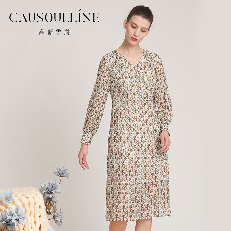 高斯雪岚2022年秋装新款中长款连衣裙女V领时尚印花裙子商场同款,淘宝优惠券,粉丝福利购,淘宝优惠卷