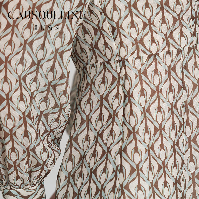 高斯雪岚2022年秋装新款中长款连衣裙女V领时尚印花裙子商场同款,淘宝优惠券,粉丝福利购,淘宝优惠卷