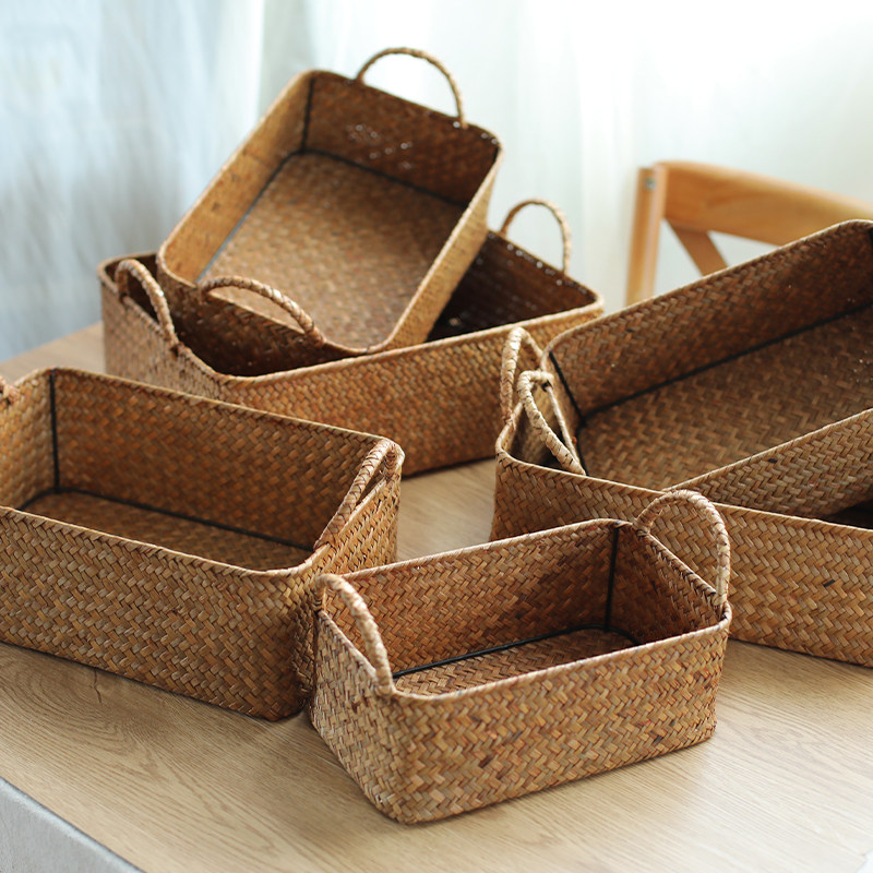 Kens日式草编客厅电视柜杂物零食筐桌面整理篮子化妆品面膜收纳盒,淘宝优惠券,粉丝福利购,淘宝优惠卷