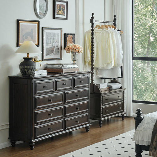 美式复古实木挂衣架落地靠墙法式中古风卧室衣服衣帽架床头柜一体 - 图0