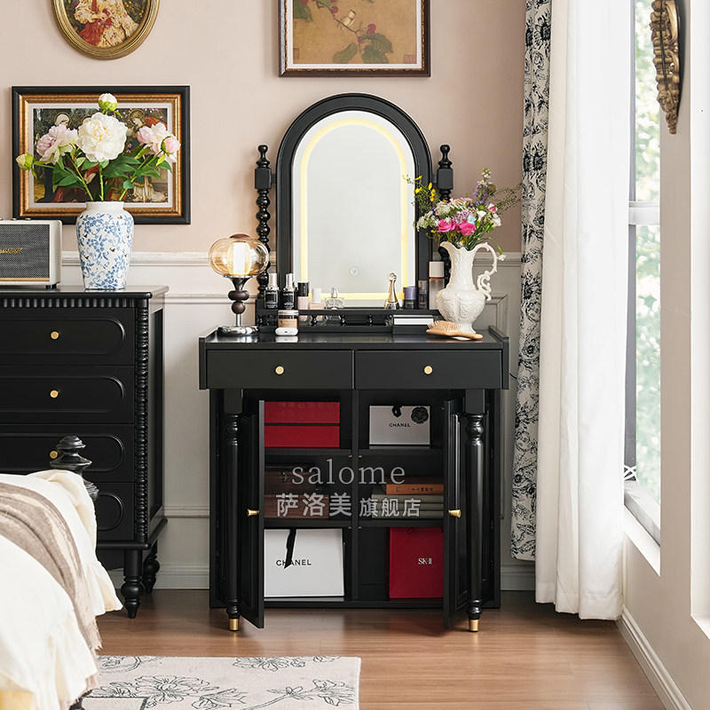 法式实木化妆桌梳妆台小户型卧室桌子中古书桌一体带置物架储物柜,淘宝优惠券,粉丝福利购,淘宝优惠卷