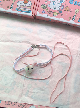 纯欲风可爱粉色毛绒小兔子项链