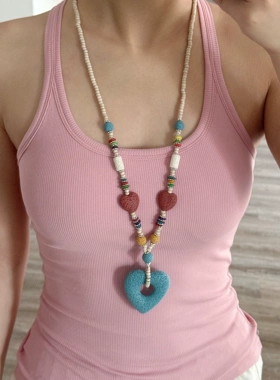 彩色串珠火山石蓝色爱心项链配饰