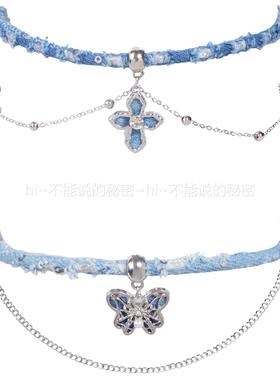 饰品做旧风牛仔项圈蝴蝶吊坠颈链