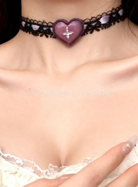 紫色纯欲氛围感镶钻爱心蕾丝颈链