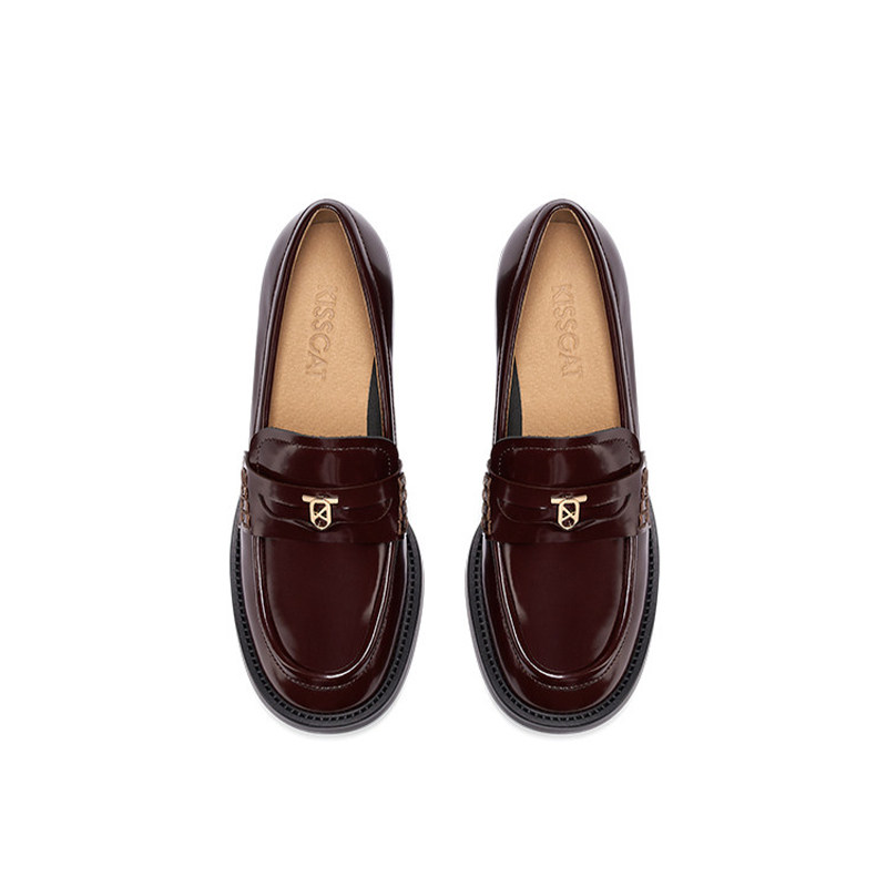 KISS CAT/接吻猫春秋牛皮乐福鞋粗高跟法式复古单鞋女KA43542-50,淘宝优惠券,粉丝福利购,淘宝优惠卷