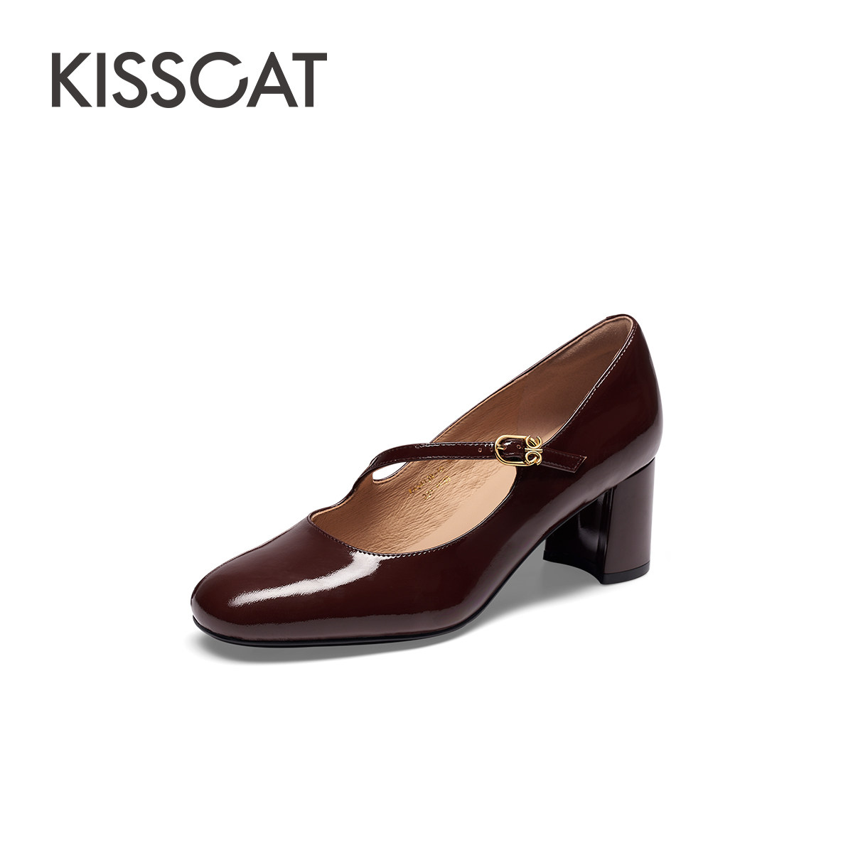 KISS CAT/接吻猫春秋牛漆皮玛丽珍鞋圆头粗高跟单鞋女KA54138-10,淘宝优惠券,粉丝福利购,淘宝优惠卷