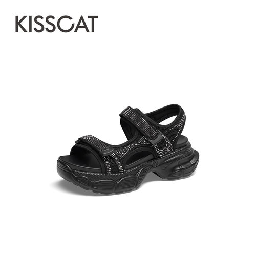 KISS CAT/接吻猫夏季水钻魔术贴厚底增高休闲凉鞋女KA54383-50 - 图0