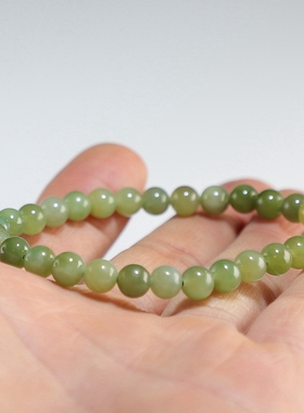 【新品特价】和田玉手链 卡6圆珠碧玉微猫眼女款手串 楼叔孤品