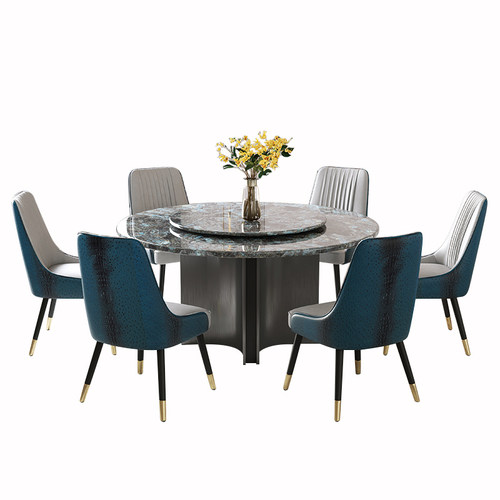 岩板餐桌圆形天然进口蓝翡翠奢石轻奢高端家用大圆桌带转盘圆桌椅 - 图3