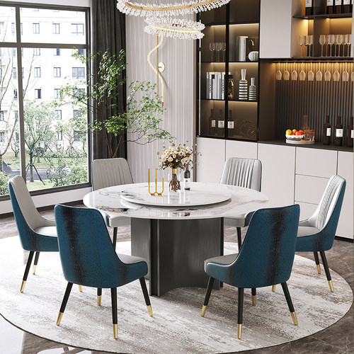 岩板餐桌圆形天然进口蓝翡翠奢石轻奢高端家用大圆桌带转盘圆桌椅 - 图1