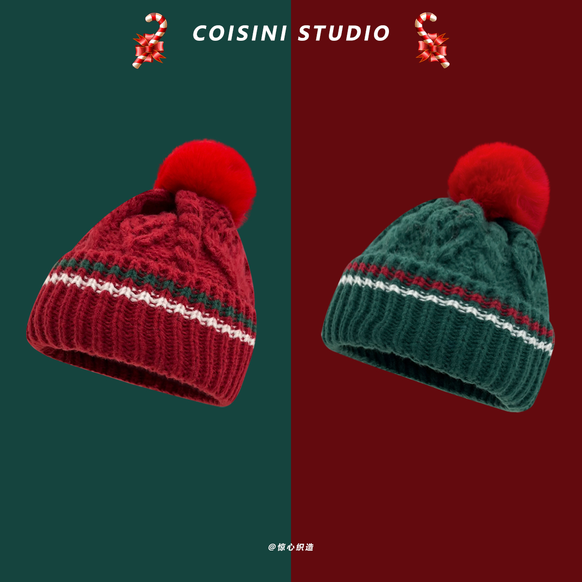 新年圣诞节礼物红色毛球毛线帽子女秋冬季保暖百搭学生护耳针织帽 - 图0