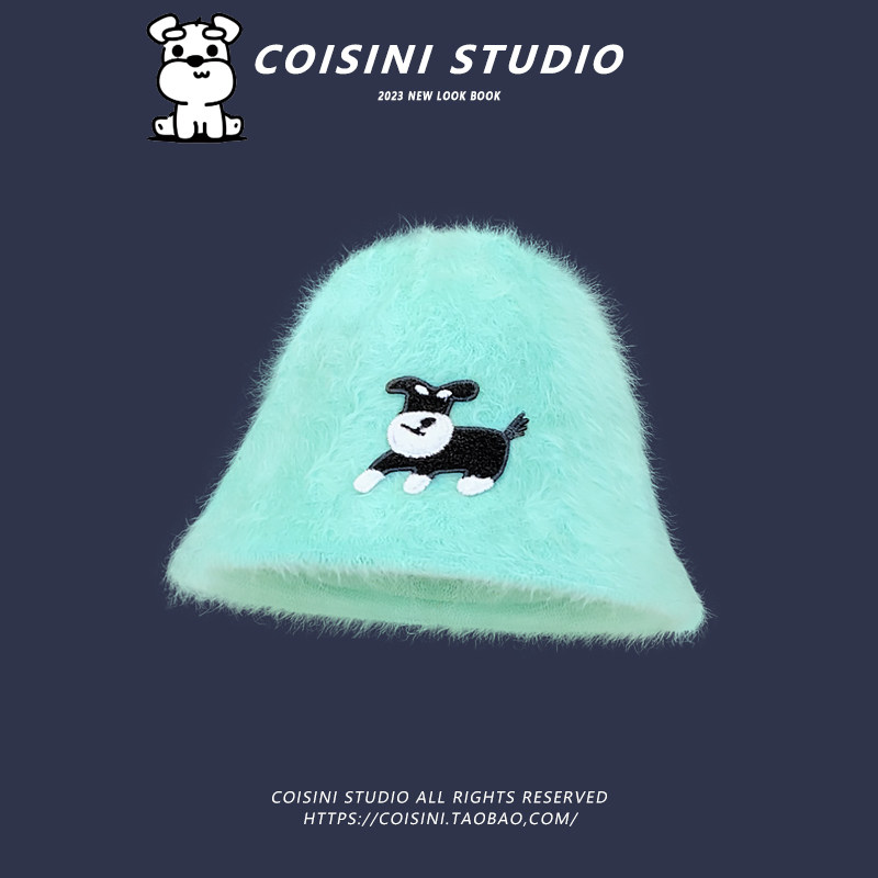 2025新款小狗雪纳瑞刺绣毛绒水桶帽子女秋冬保暖百搭甜美可爱盆帽,淘宝优惠券,粉丝福利购,淘宝优惠卷