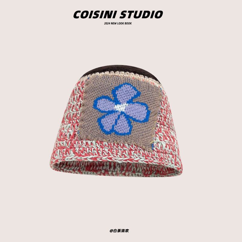 韩国小众设计师花朵贴布针织渔夫帽子秋冬宋旻浩同款防寒保暖盆帽