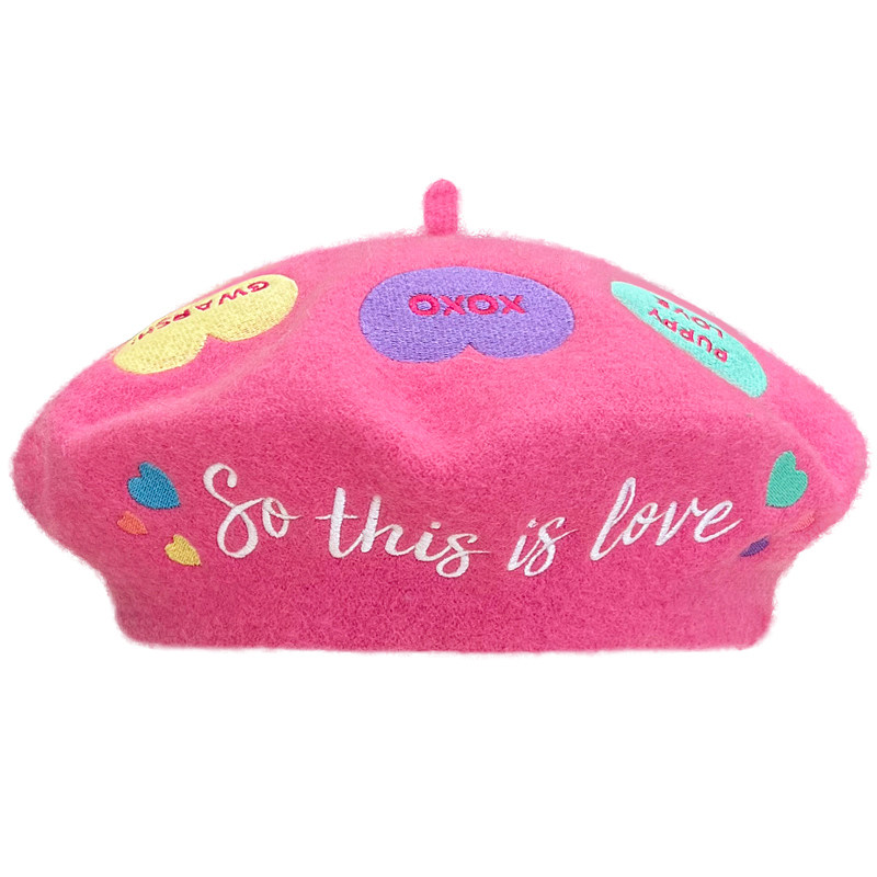 日系甜美重工爱心刺绣羊毛尼贝雷帽子女冬季保暖百搭玫粉色画家帽,淘宝优惠券,粉丝福利购,淘宝优惠卷