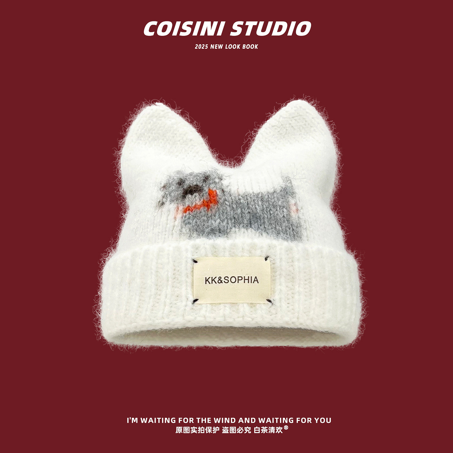 2025新款可爱小狗钩花猫耳朵毛线帽女秋冬保暖百搭蓝色显白针织帽,淘宝优惠券,粉丝福利购,淘宝优惠卷