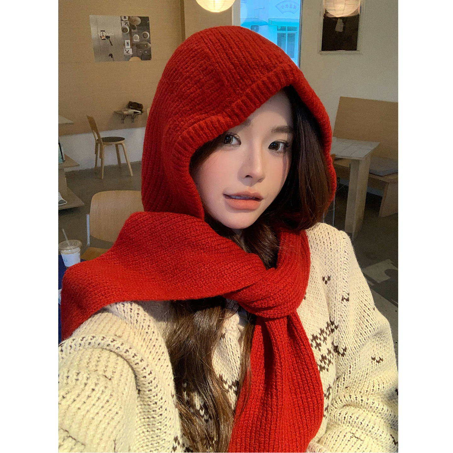 红色氛围感巴拉克拉法帽子女秋冬季保暖百搭帽子围巾一体连帽围脖,淘宝优惠券,粉丝福利购,淘宝优惠卷