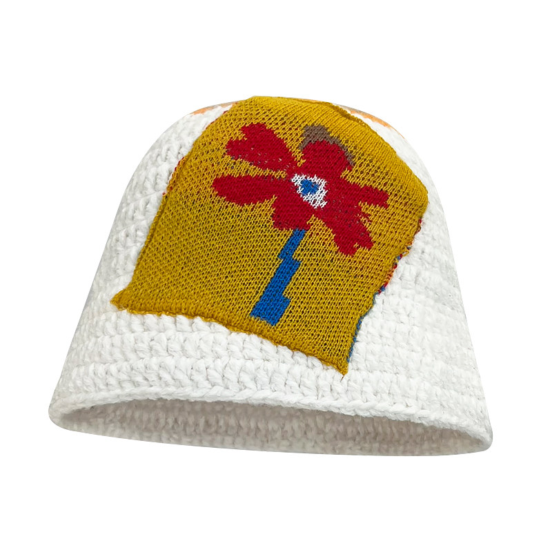 韩国小众设计师花朵贴布针织渔夫帽子秋冬宋旻浩同款防寒保暖盆帽