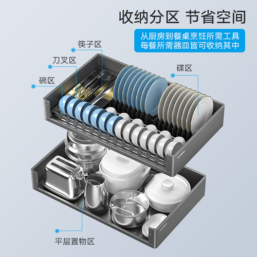 悍高橱柜拉篮双层抽屉式内置碗架304不锈钢厨房收纳调味篮碗碟篮 - 图3