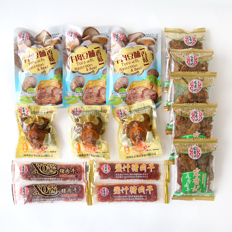 宏香记旗舰店宏香记牛肉豆脯 猪肉干肉脯五香XO酱多口味组合零食量贩AB套装3