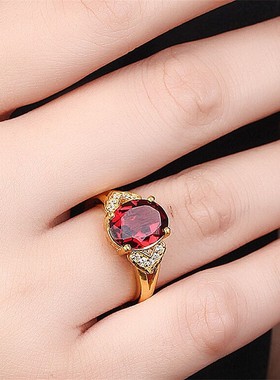 真金色沙金戒指女红宝石可调节